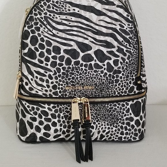 ?MICHAEL KORS RHEA ZIP MEDIUM BACKPACK BLACK WHITE LOGO ANIMAL PRINT TRAVEL BAG main image 7